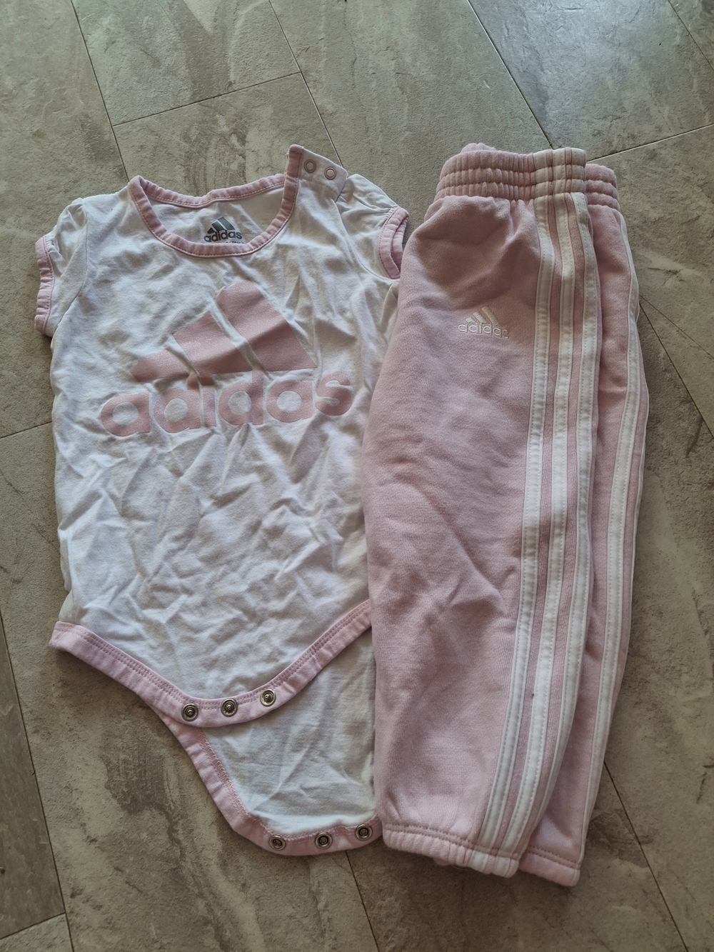 Adidas Baby Girls' Pink & White One-Piece with Pants Set
